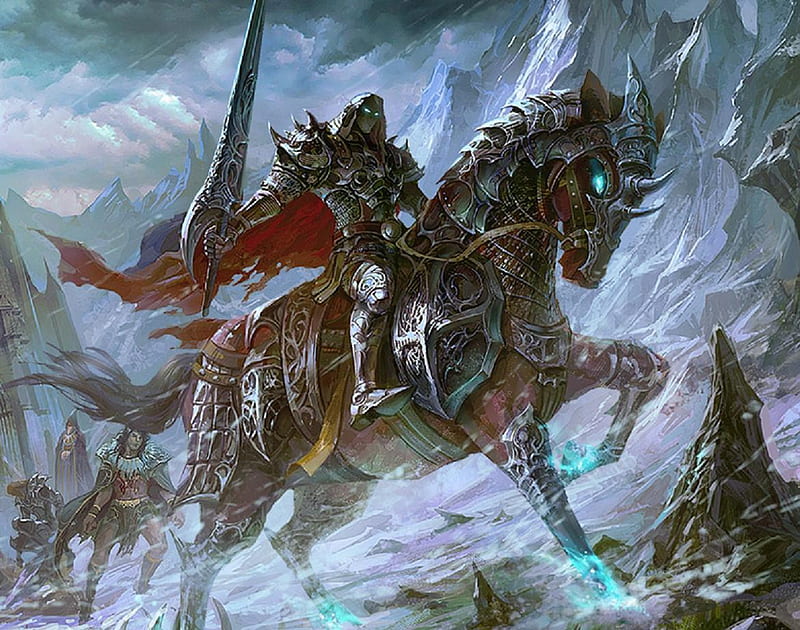Journey of a Soldier, soldier, horse, wizard, armor, weapons, warriors, warrior, mountains, cape, anime, mage, sword, armour, animals, HD wallpaper