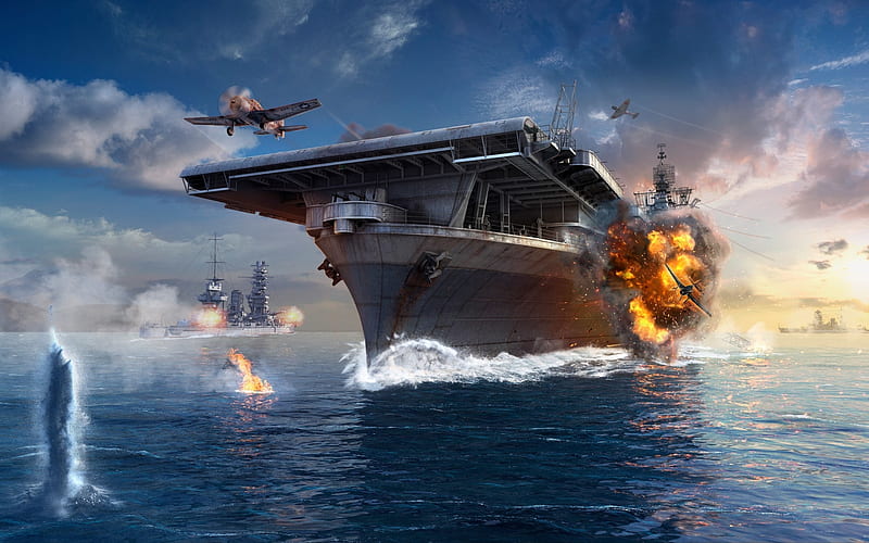 WoWS, aircraft carrier, fighter aircraft, battle, World of Warships, HD wallpaper