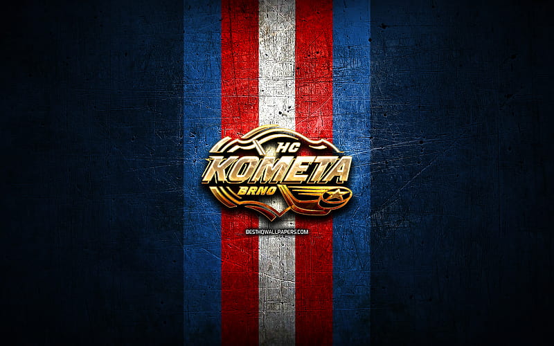 HC Kometa Brno, golden logo, Extraliga, blue metal background, czech hockey team, czech hockey league, Kometa Brno logo, hockey, Kometa Brno, HD wallpaper