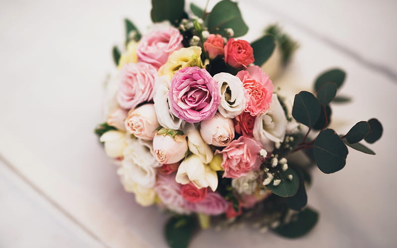 wedding bouquet, roses, eustoma, beautiful flowers, bridal bouquet, HD wallpaper
