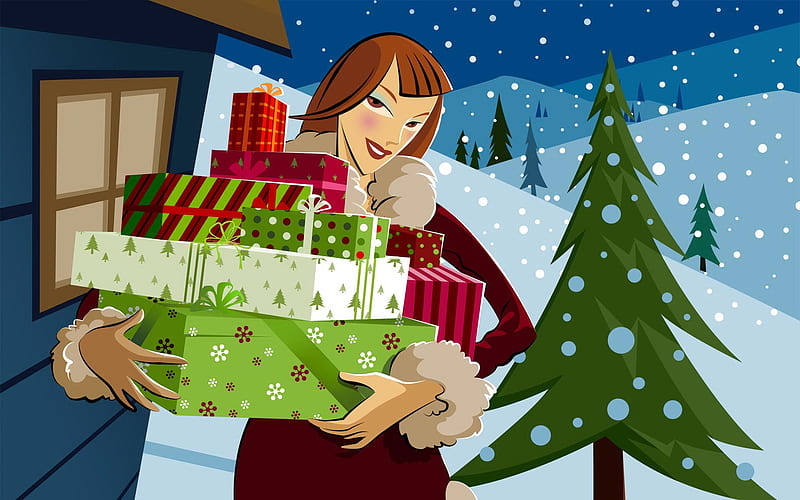 Delivering gifts, tree, girl, christmas, holiday, snow, gift, HD wallpaper