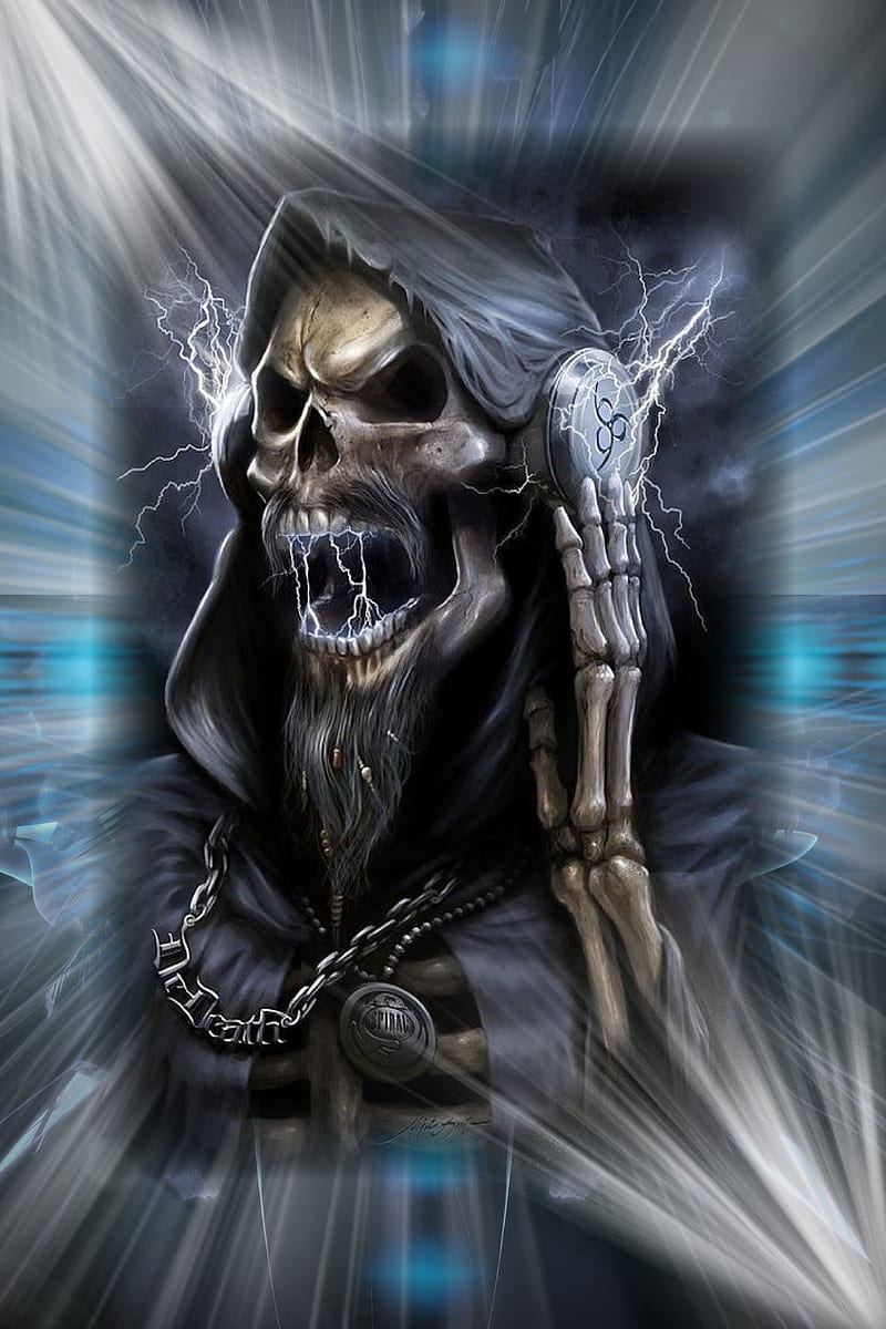 Death Metal, metal, music, death, skeleton, headphones, skull, lightning, HD phone wallpaper