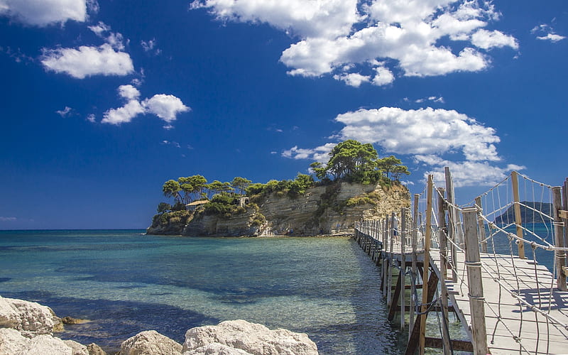Zakynthos, Crete, Greece, clouds, sea, Greece, bridge, island, wooden, HD wallpaper