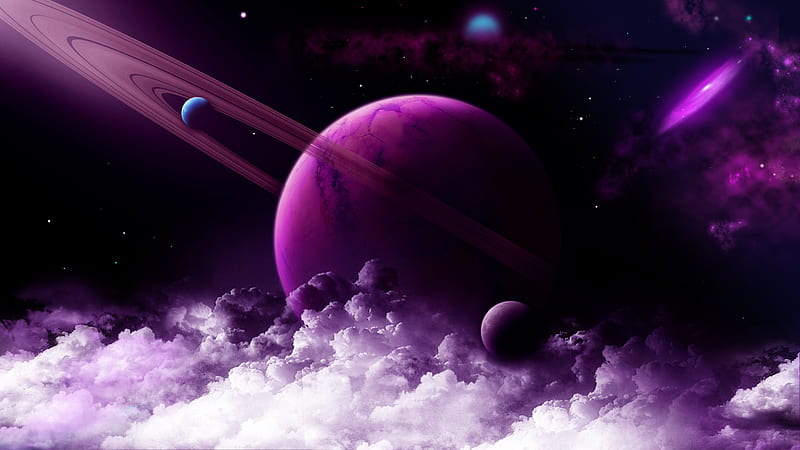 planet, ring, purple, clouds, space, HD wallpaper