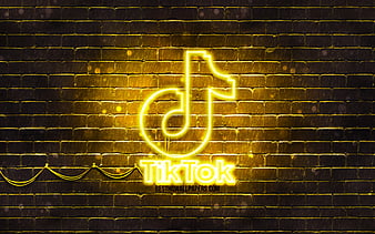 TikTok yellow logo yellow brickwall, TikTok logo, social networks, TikTok neon logo, TikTok, HD wallpaper