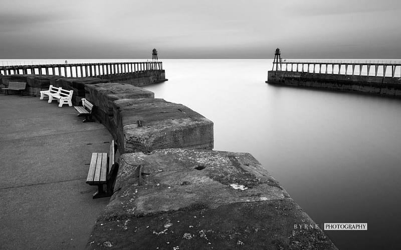 Whitby harbour walls, ocean, black and white, abstract, sea, graphy, water, reflection, scene, landscape, HD wallpaper