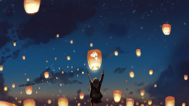 anime girl, lantern festival, night, scenic, back view, sky, stars, Anime, HD wallpaper