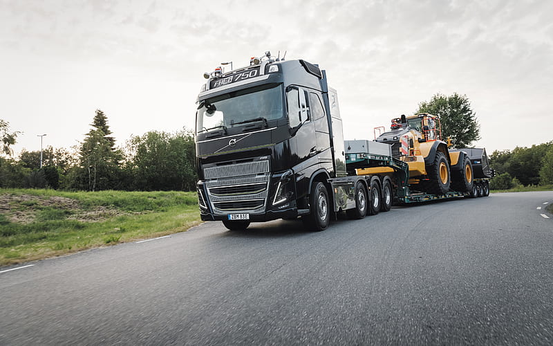 Volvo FH16, wheel loader transportation, delivery, construction machinery, Volvo wheel loader, Volvo, HD wallpaper