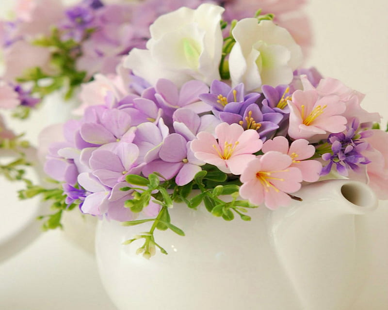 Flowers in Tea Pot, flowers, tea pot, bloom, ceramic, HD wallpaper