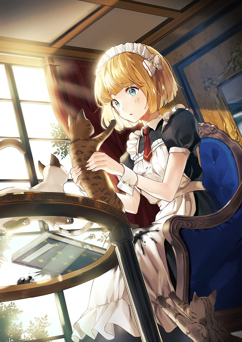 anime maid girl, blonde, short hair, cat, neko, cute, headdress, Anime, HD phone wallpaper