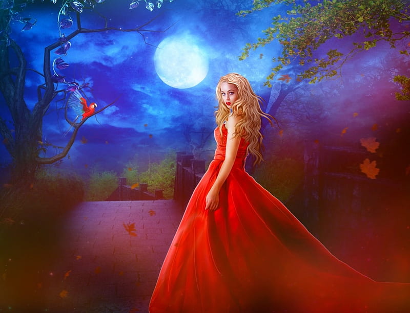 Moonlight Dreams, red, fantasy, moon, girl, blonde, HD wallpaper