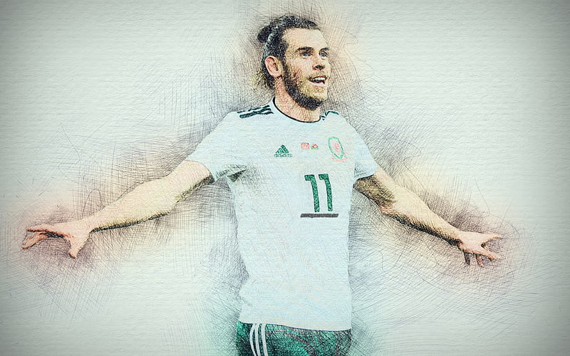 Gareth Bale, Welsh football team, artwork, Bale, soccer, footballers, drawing Bale, Wales National Team, HD wallpaper