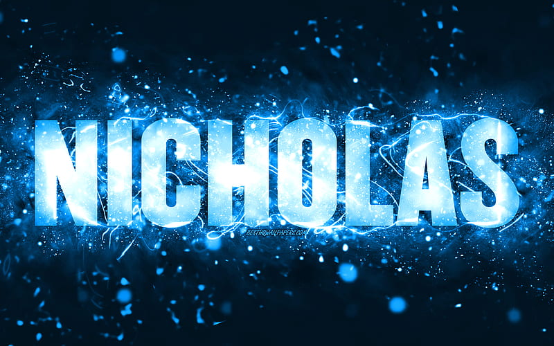 Happy Birtay Nicholas blue neon lights, Nicholas name, creative, Nicholas Happy Birtay, Nicholas Birtay, popular american male names, with Nicholas name, Nicholas, HD wallpaper