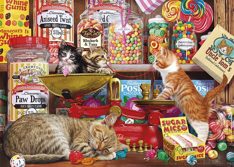Paw Drops and Sugar Mice, sweets, tabby, ginger, painting, kittens, cats, HD wallpaper