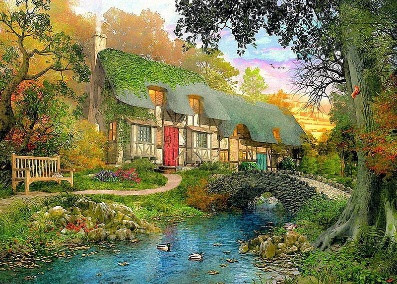 Little Stream Cottage, house, stones, bridge, bench, ducks, river, trees, artwork, digital, HD wallpaper