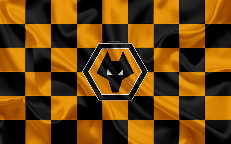 Wolverhampton Wanderers FC, Wolves FC logo, creative art, orange black checkered flag, English football club, Premier League, emblem, silk texture, Wolverhampton, United Kingdom, England, HD wallpaper