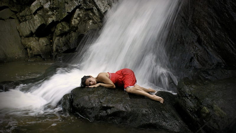 Unhappiness, red, woman, waterfalls, misery, HD wallpaper