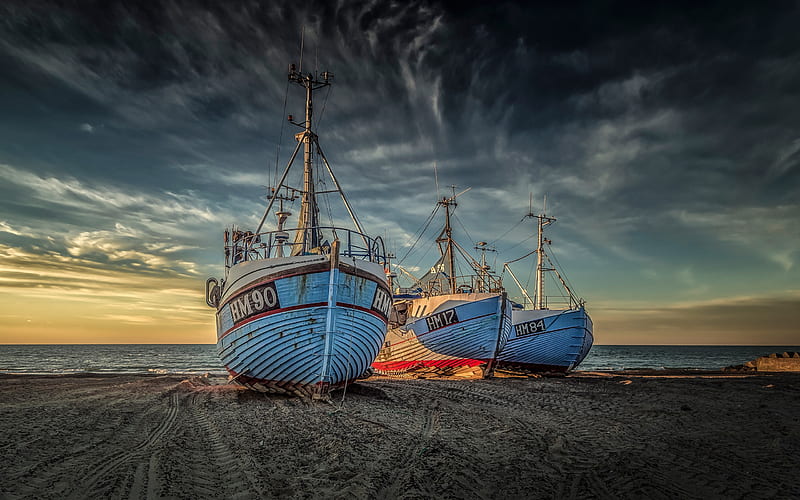 ships on land, coast, sunset, evening, sea, ships, Denmark, HD wallpaper