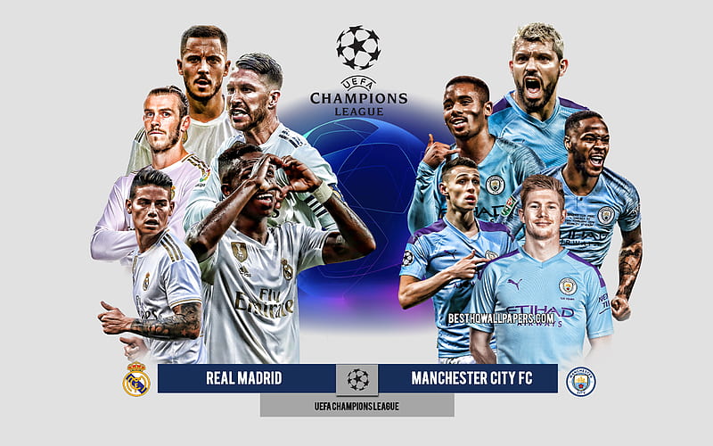 Real Madrid vs Manchester City FC, UEFA Champions League, Preview, promotional materials, football players, Champions League, football match, logos, Real Madrid, Manchester City FC, Eden Hazard, Gareth Bale, HD wallpaper