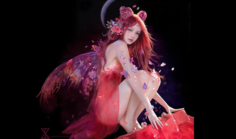 Fairy, black, red, frumusete, wings, redhead, ruoxin zhang, luminos, superb, fantasy, girl, gorgeous, HD wallpaper