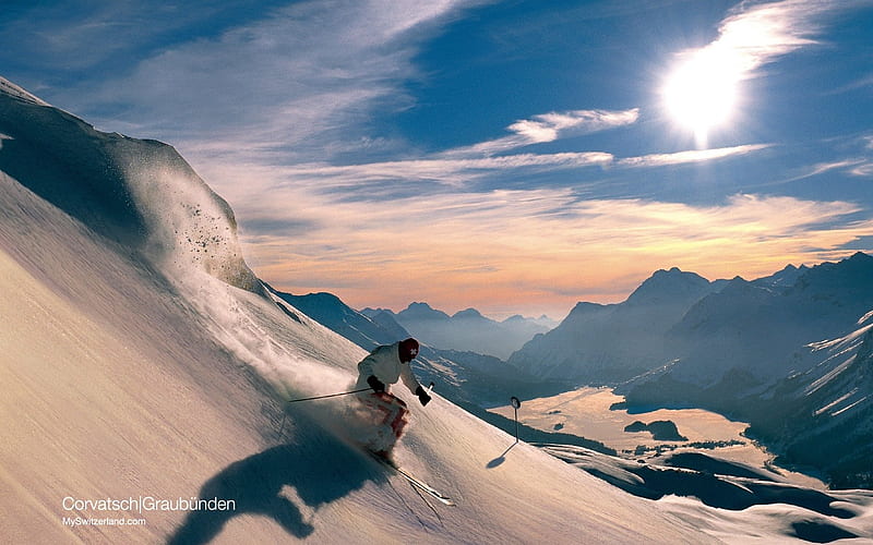 Skiing in the soft evening light in the Corvatsch Ski Resort, HD wallpaper