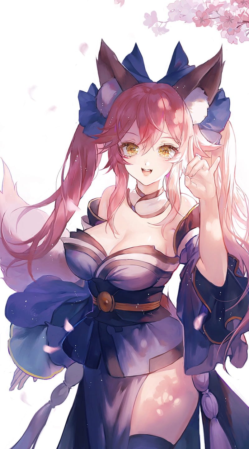 Tamamo no Mae (fate/grand order), Fate/Grand Order, Fate Series, fox girl, foxy ears, animal ears, tail, women, pink hair, pigtails, long hair, looking at viewer, yellow eyes, bare shoulders, cleavage, kimono, cherry blossom, fantasy girl, anime girls, fan art, artwork, painting, digital painting, illustration, 2D, digital art, happy, Matcha_, anime, HD phone wallpaper