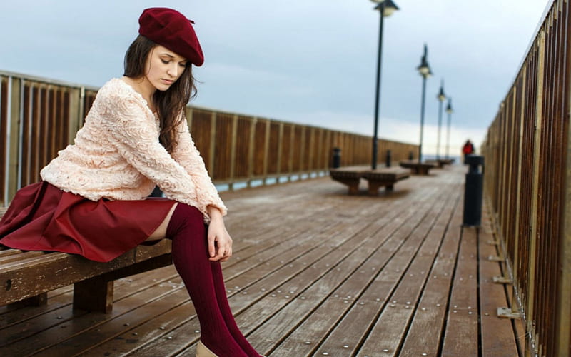 Serena Wood on the Pier, red stocking, brunette, model, pier, HD wallpaper