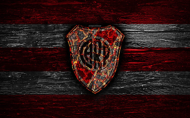 River Plate FC, fire logo, Argentine Primera Division, red and white lines, Argentinean football club, Club Atletico River Plate, AAAJ, Argentina Superliga, football, soccer, logo, CA River Plate, wooden texture, Argentina, HD wallpaper