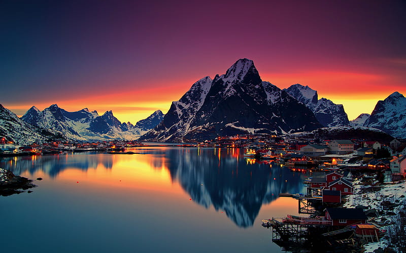Norway winter, sunrise, mountains, sea, Lofoten islands, Europe, HD wallpaper