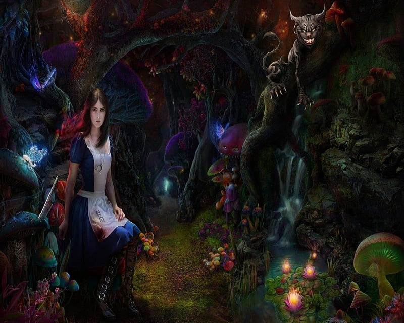 Alice's Adventures in Wonderland, Alice, Knife, Mushrooms, Flowers, Cheshire Cat, Wonderland, HD wallpaper