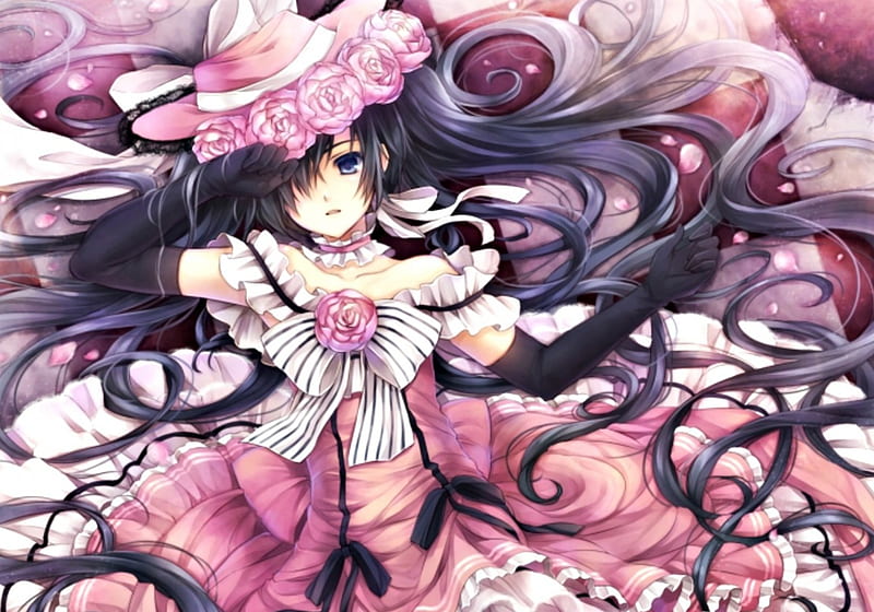 Lady Phantomhive, brunette, girl, anime, hagiwara rin, manga, pink, hat, HD wallpaper
