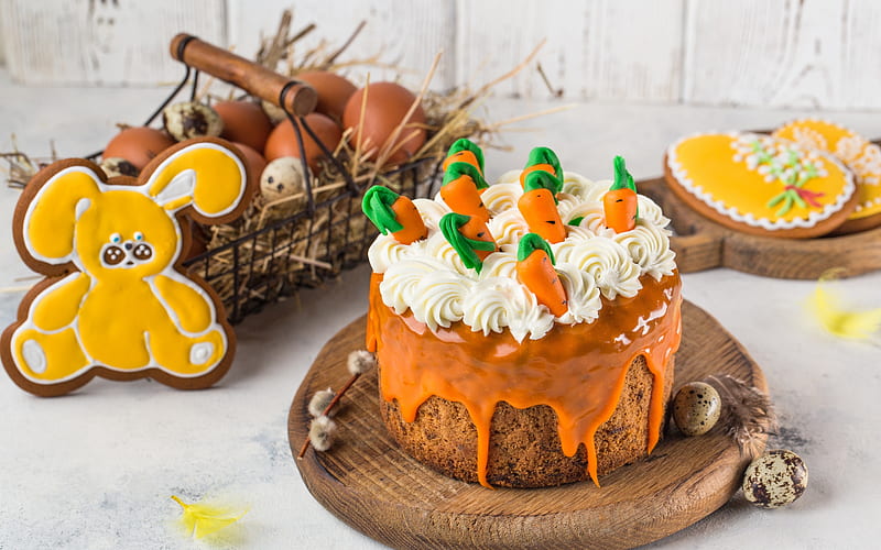Easter cake, egg, orange, food, basket, easter, carrot, dessert, sweet, HD wallpaper