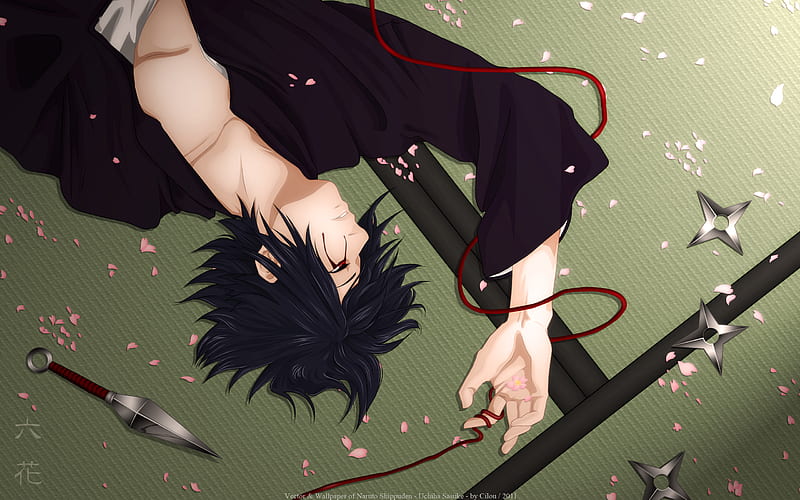 Thread Of Darkness, red, naruto, thread, sasuke, sakura petals, uchiha, laying on floor, shuriken, tatami, sharingan, darkness, amaterasu, kunai, HD wallpaper