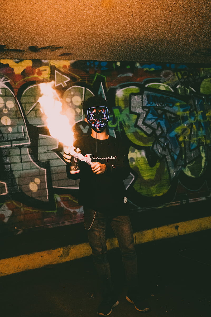 mask, neon, fire, graffiti, HD phone wallpaper