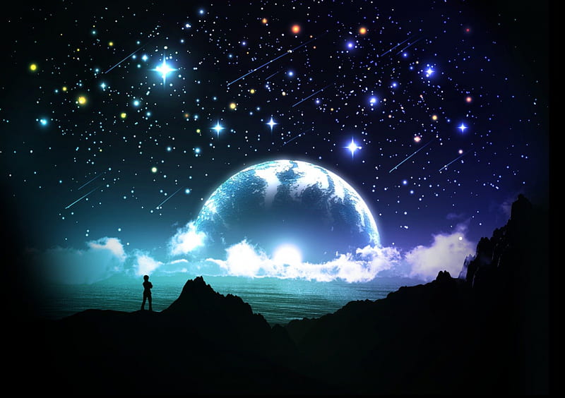 beautiful night, stars, original, shooting stars, sky, clouds, boy, moon, anime, landscape, night, HD wallpaper