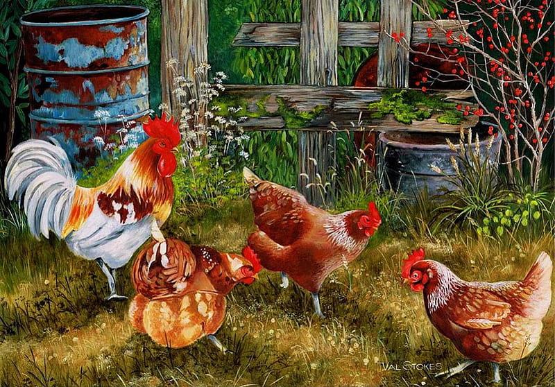 Pecking Party, countryside, hens, grass, painting, barrel, artwork, HD wallpaper
