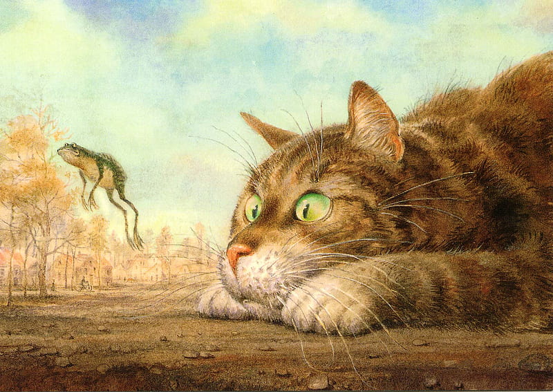 Cat looking a frog, frog, feline, painting, cat, kitten, jump, animal, HD wallpaper