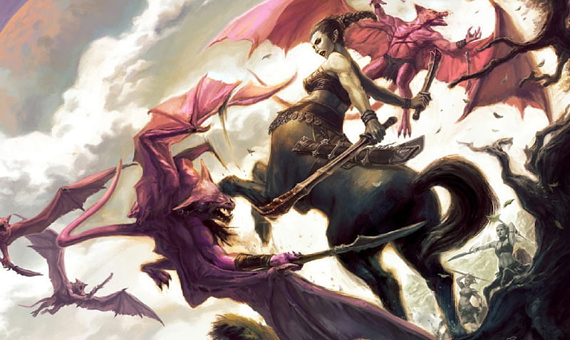 Centaur Fighting Demons, demons, half horse, battle, half woman, HD wallpaper