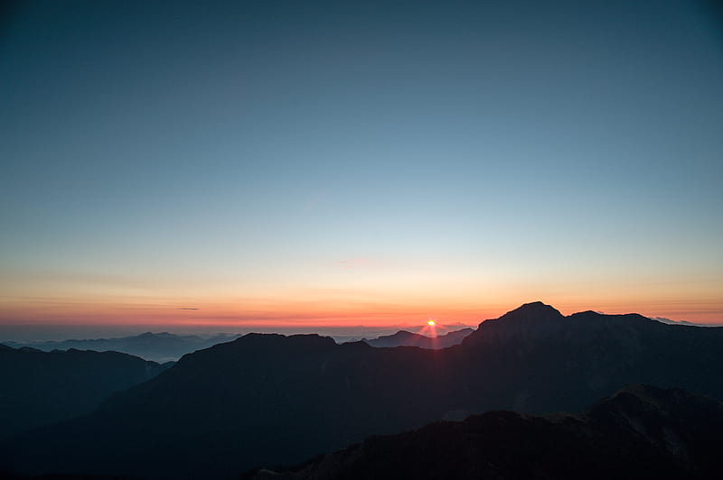 mountains, sunset, sky, peaks, aerial view, HD wallpaper