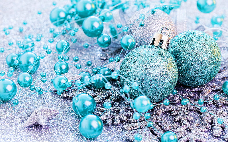 blue christmas balls, stars, snowflakes, blue tinsel, Happy New Year, christmas decorations, xmas balls, blue christmas backgrounds, bokeh, new year concepts, Merry Christmas, HD wallpaper