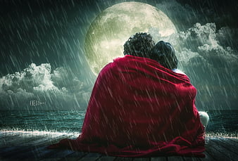 Romantic Couple Under the Moon Redwork · Creative Fabrica