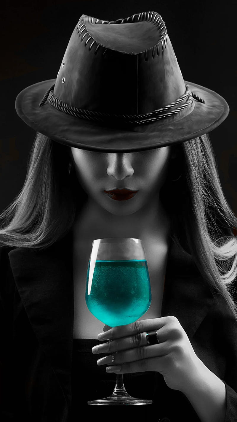 Blue drink, black and white, black and white, cup, dark, girl, glass, hat,  HD phone wallpaper | Peakpx