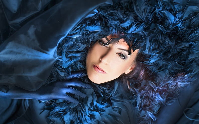 Beauty, joachim bergauer, model, woman, glove, girl, feather, face, blue, HD wallpaper