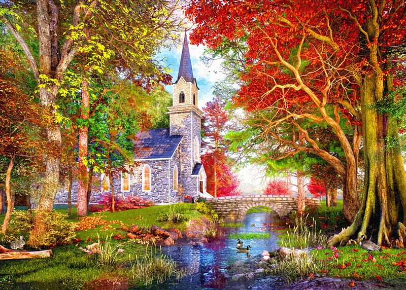 Autumnal chapel, autumn, green, dominic davison, dominuc davuson, painting, chapel, pictura, art, red, toamna, HD wallpaper