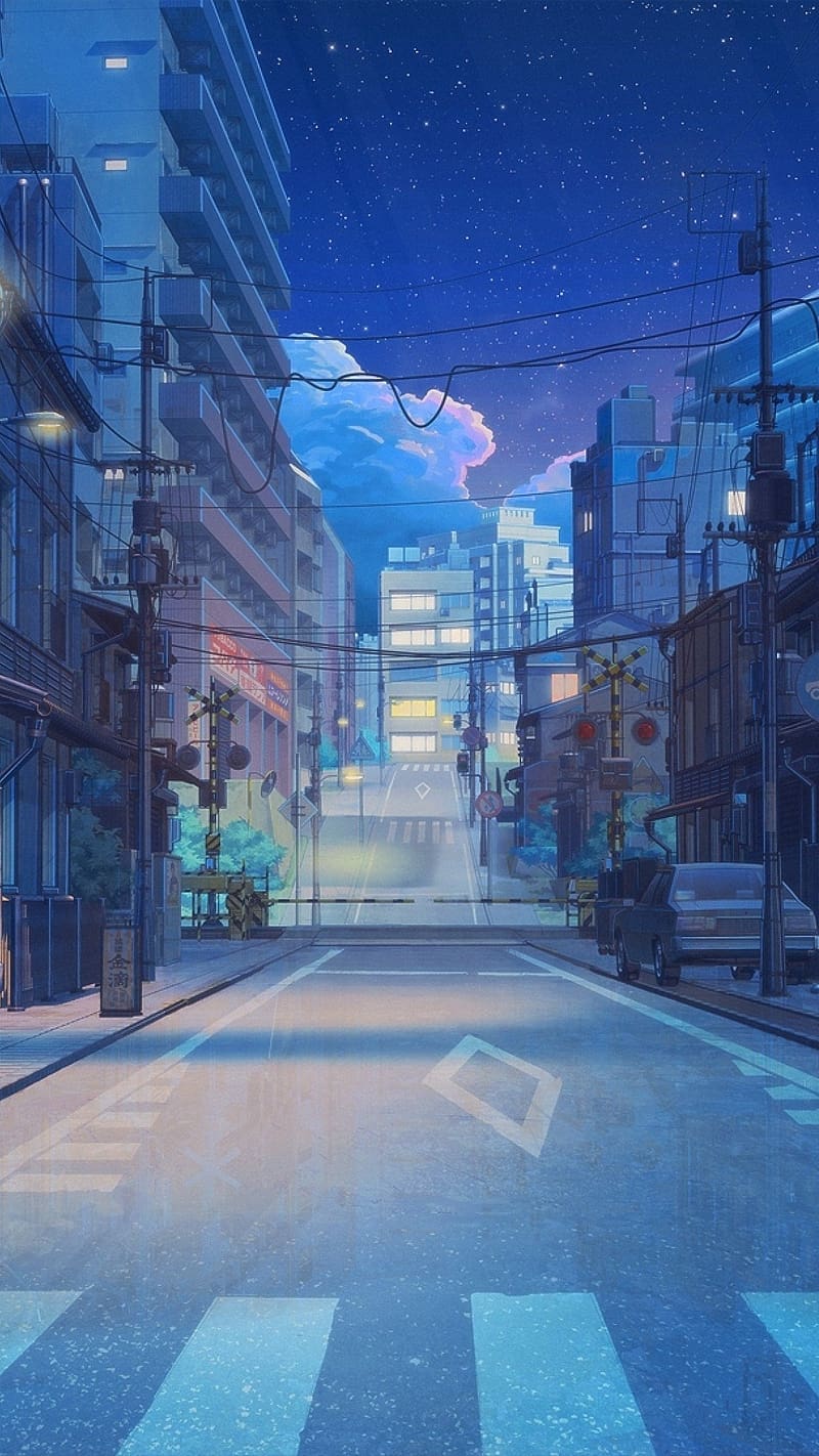 Anime street, road, buildings, scenery, night, stars, Anime, HD wallpaper