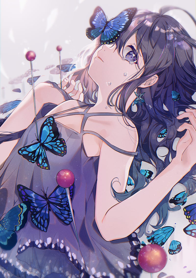 butterflies, anime girls, anime, purple eyes, HD phone wallpaper