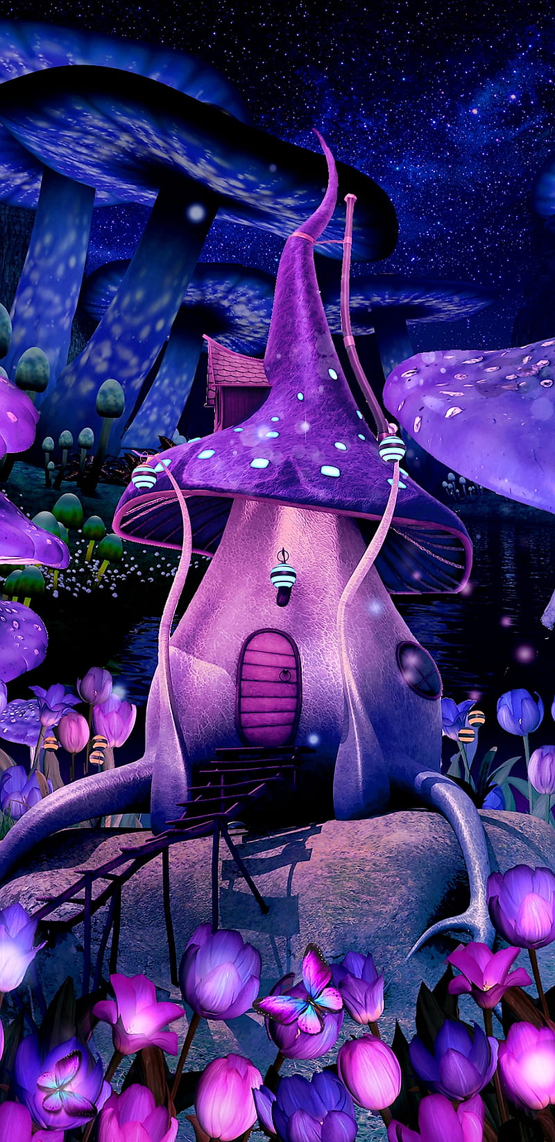 MushroomFairyland, butterfly, fairyland, fantasy, girly, mushroom, pink, pretty, purple, HD phone wallpaper