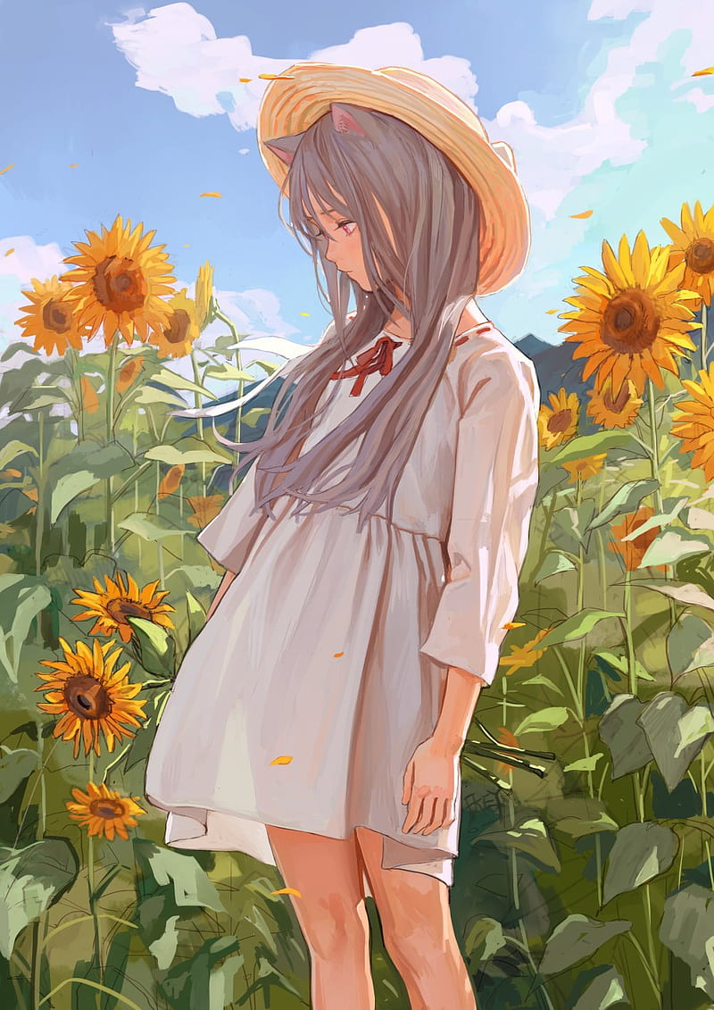 Sunflower Neko Chan, anime, artwork, cat, flowers, girl, peaceful, waifu, HD phone wallpaper