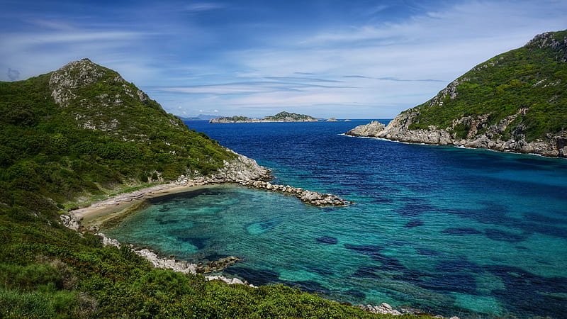 Aerial View Of Ocean Islands Rocks Green Plants Bushes Slope Stones Nature, HD wallpaper