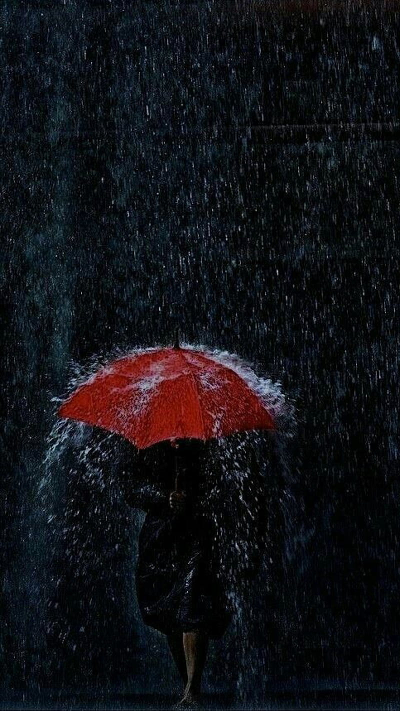 rain, female, walking, red, umbrella, dark, HD phone wallpaper